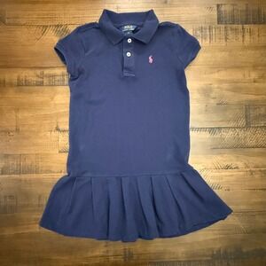 Polo Ralph Lauren Girls Dress 6X Navy Blue Pink Pony Short Sleeve Pleated